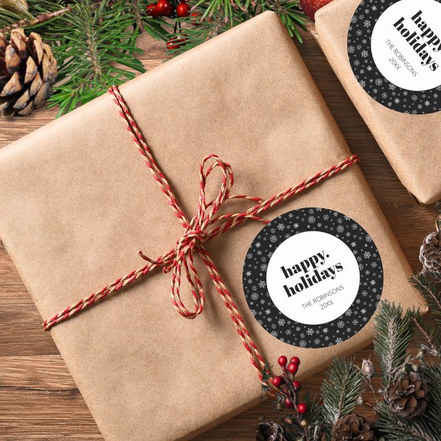 Sticker Rond Script moderne Joyeuses vacances Noël Noir Blanc (Christmas holiday snowflake pattern stickers)