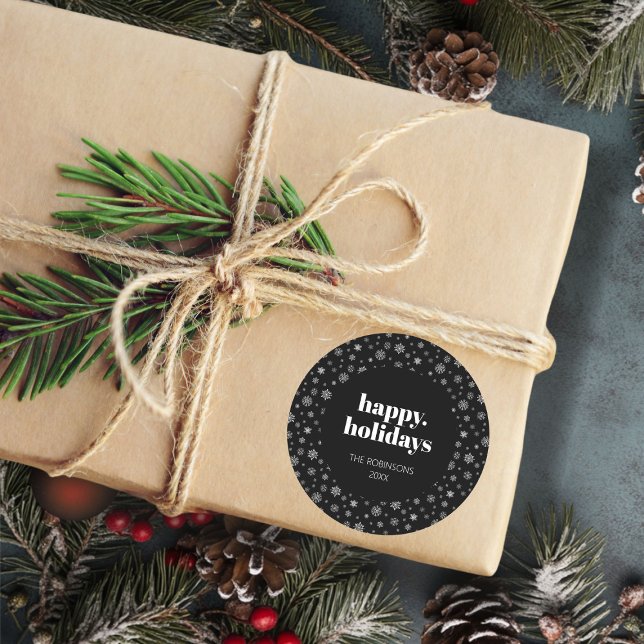 Sticker Rond Script moderne Joyeux Noël Noir Blanc (Christmas happy holiday snowflake pattern stickers)