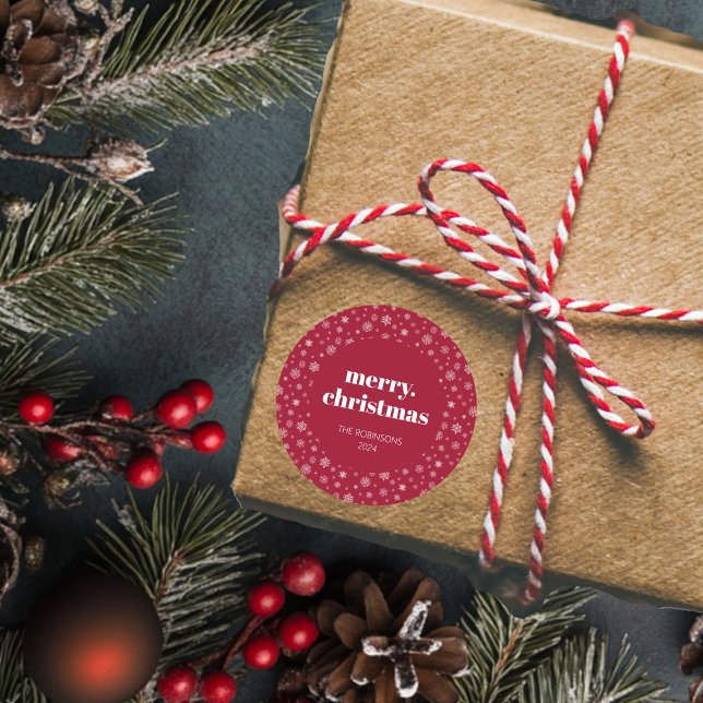 Sticker Rond Script moderne Joyeux Noël Rouge (Christmas holiday snowflake pattern stickers)