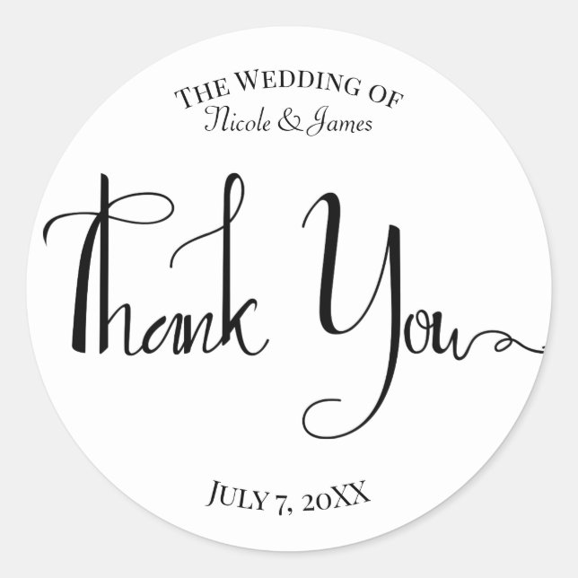 Sticker Rond Script moderne Noir Blanc Mariage Favoriser Merci (Devant)
