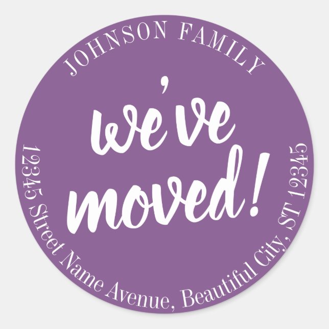 Sticker Rond Script moderne violet Nous avons déplacé une nouve (Devant)
