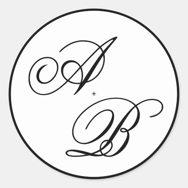 Sticker Rond Script Monogramme classique Mariage noir et blanc (Devant)