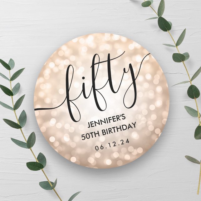 Sticker Rond Script Rose Gold Parties scintillant lumières 50e  (Script Rose Gold Glitter Lights 50th Birthday Classic Round Sticker)