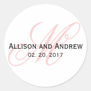 Sticker Rond Script rose vif initial M Monogramme Mariage Favor