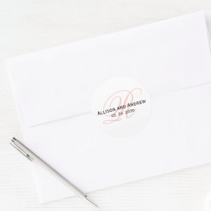 Sticker Rond Script rose vif initial R Monogramme Mariage Favor