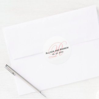 Sticker Rond Script rose vif initial R Monogramme Mariage Favor