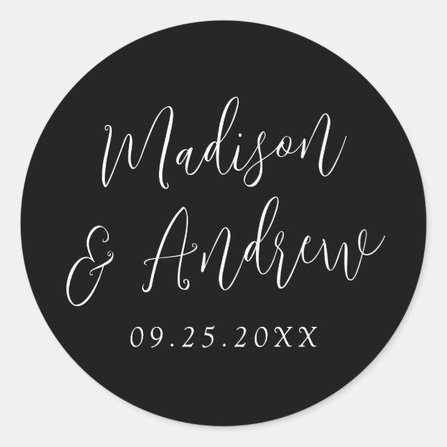Sticker Rond Script simple Mariage noir et blanc personnalisé (Devant)