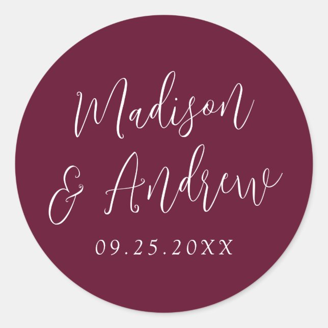 Sticker Rond Script simple Mariage personnalisé Bourgogne (Devant)