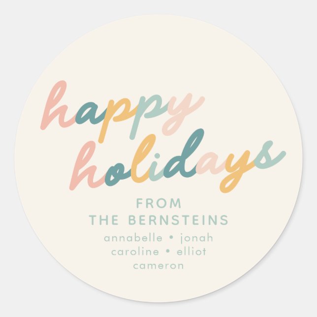 Sticker Rond Script vintage Pastel Joyeux Vacances Personnalisé (Devant)