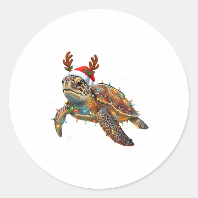 Sticker Rond Sea Turtle Christmas Lights Funny Santa Hat Men Wo (Devant)
