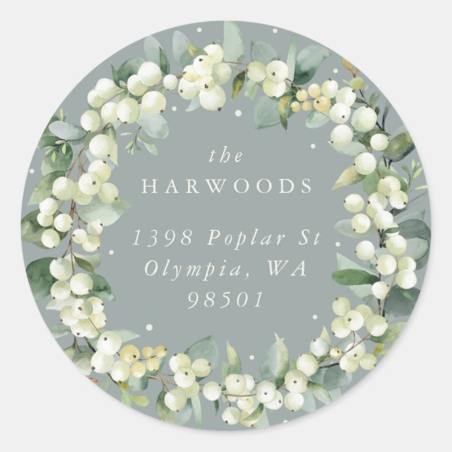 Sticker Rond Seafoam Green Snowberry+Eucalyptus Wreath Adresse (Devant)