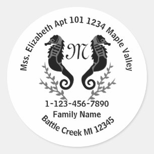 Sticker Rond Seahorse Silhouette Monogram Famille Adresse