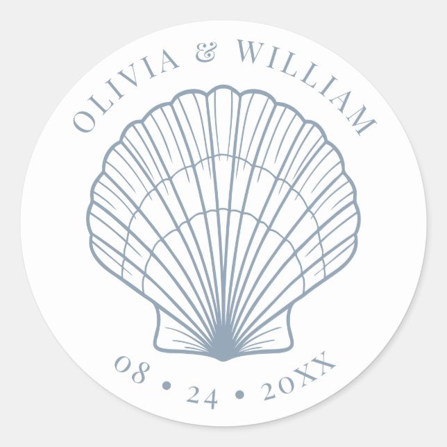 Sticker Rond Seashell Beach Mariage Côtier Dusty Bleu (Devant)