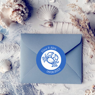 Sticker Rond Seashell Beach Wedding Bleu Blanc CUSTOM