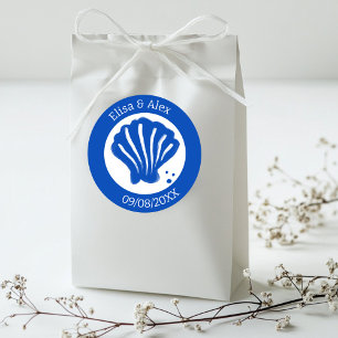 Sticker Rond Seashell Beach Wedding Bleu Blanc CUSTOM