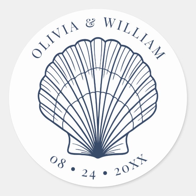 Sticker Rond Seashell Beach Wedding Marine Côtière Bleu (Devant)