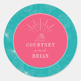 Sticker Rond Seashell Pink & Blue Palm Plage tropicale Mariage