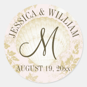 Sticker Rond Seashell Vintage Beach Mariage Monogramme rose