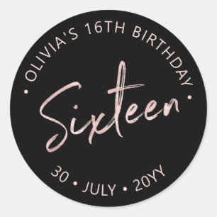 Sticker Rond Seize Roses or & Black Sweet 16 Anniversaire