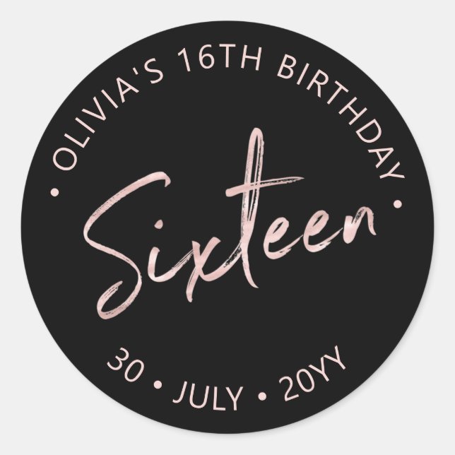 Sticker Rond Seize Roses or & Black Sweet 16 Anniversaire (Devant)