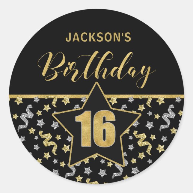 Sticker Rond Seizième anniversaire Confetti noir et or (Devant)