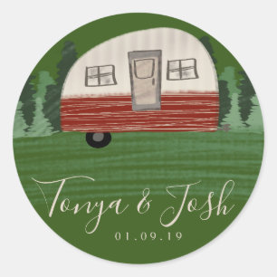 Sticker Rond Séjour de Rentrée de Mariage Camping Caravane Vint