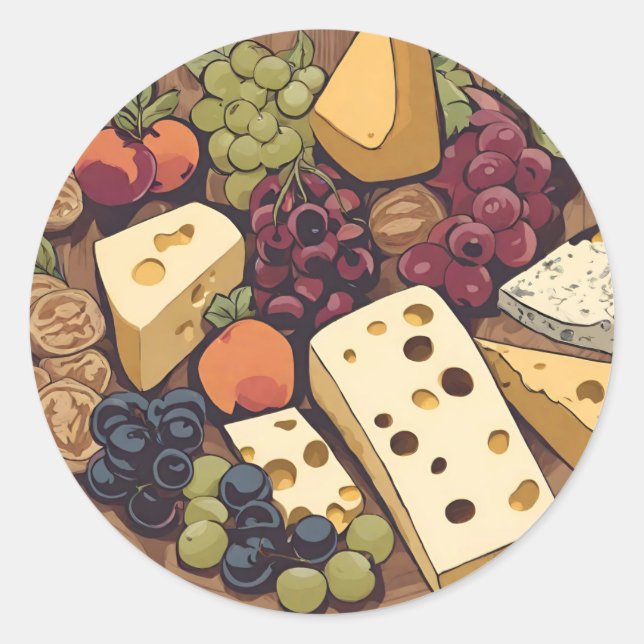 Sticker Rond sélection de fromage rétro avec raisins (Devant)