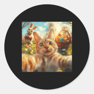 Sticker Rond Selfie Chat De Pâques Drôle Avec Adultes Du Lapin