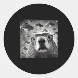 Sticker Rond Selfie de marmotte drôle avec des ovnis extraterre