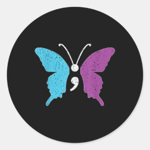 Sticker Rond Semicolon de papillon pourpre &amp; Suicide Turquo