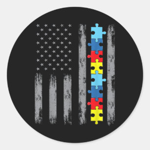 Sticker Rond Sensibilisation sur l'autisme American Flag Shirt,
