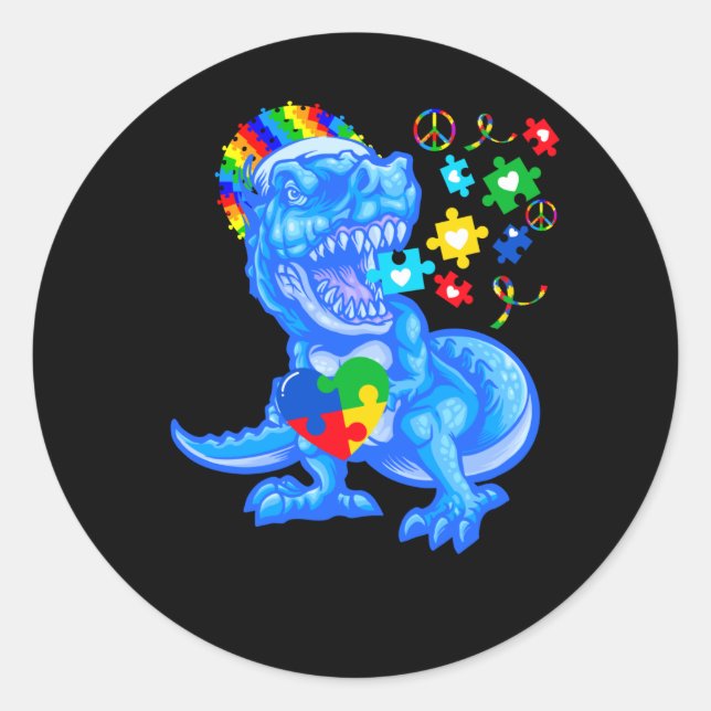 Sticker Rond Sensibilisation sur l'autisme Mois Bleu Dinosaure  (Devant)