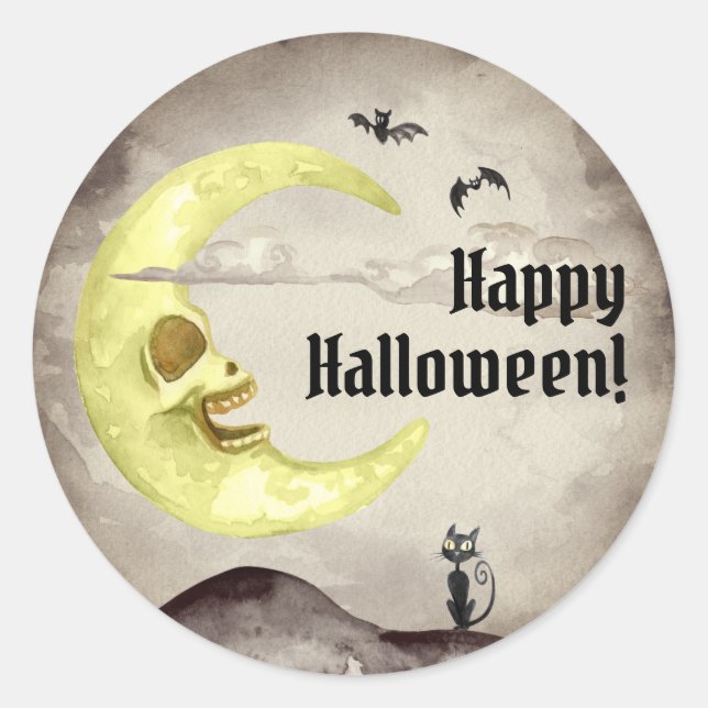 Sticker Rond Sepia Déplaisant Lune chauve Chat noir Halloween (Devant)