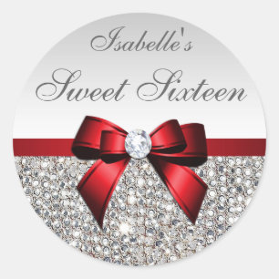 Sticker Rond Séquences d'argent Sweet sixteen diamant Bow rouge