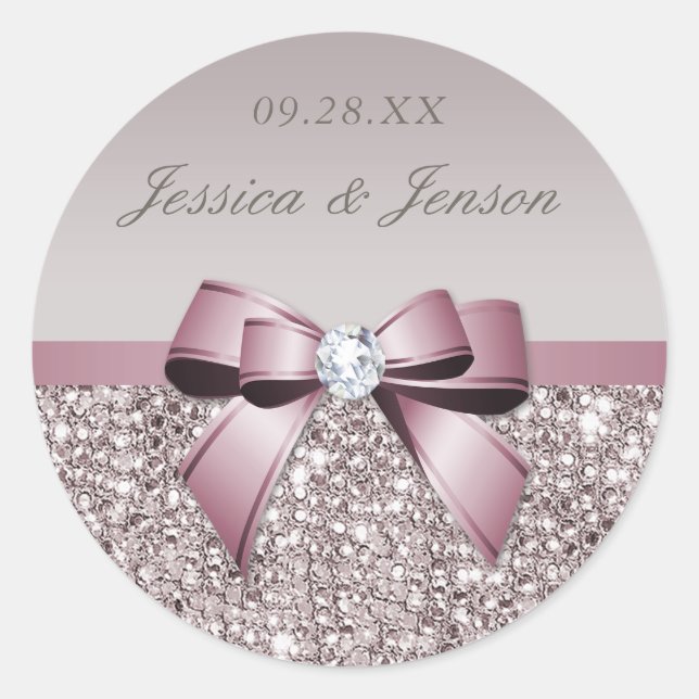 Sticker Rond Séquences Gris Mauve Diamants Mariage Bow (Devant)