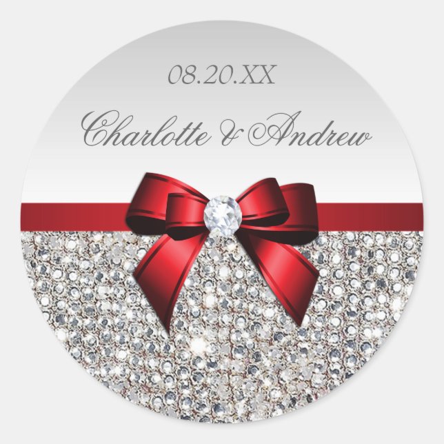 Sticker Rond Séquins d'argent Bow rouge et Mariage de diamant (Devant)