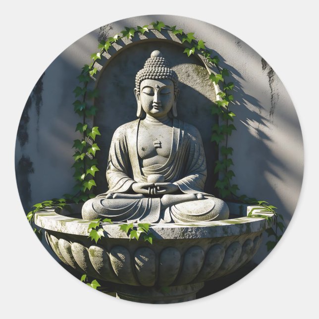 Sticker Rond Serene Tranquille Fontaine Bouddha (Devant)