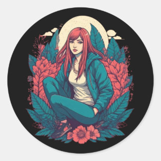 Sticker Rond Sérénité Lune : Réflexion d'une rousse