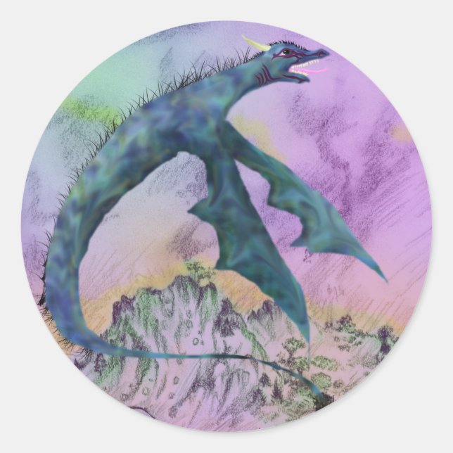 Sticker Rond Serpent ailé Bleu pourpre Dragon Monstre Reptile (Devant)