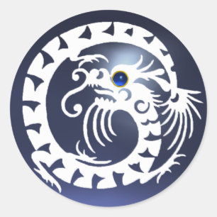 Sticker Rond SERPENTEZ LE DRAGON, blanc, saphir bleu, topaze