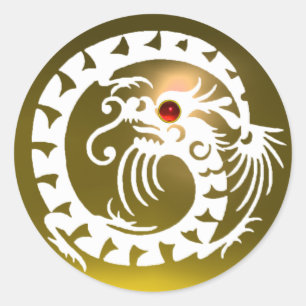 Sticker Rond SERPENTEZ LE DRAGON, blanc, topaze jaune, rubis