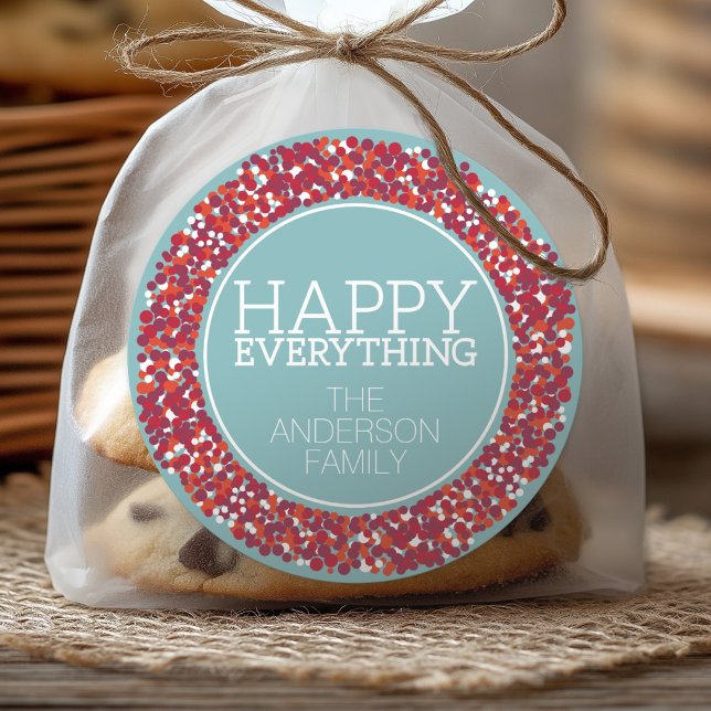 Sticker Rond Serre de Berry de vacances avec Happy Everything (Happy Everything Sticker - Customize with your family name)