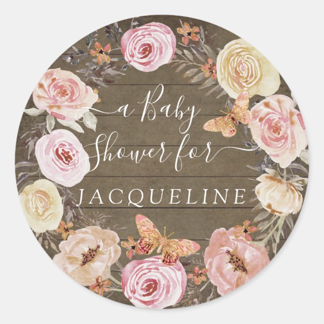 Sticker Rond Serre florale rousse rustique en bois avec papillo (Devant)