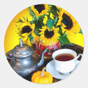 Sticker Rond Service de thé d'automne avec des tournesols
