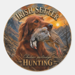 Sticker Rond Setter Irlandais avec Perdrix Chukar ,Art