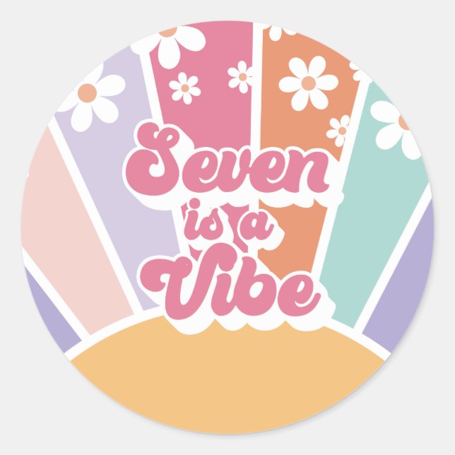 Sticker Rond Seven est une Vibe Retro Sunshine Rainbow Daisy (Devant)