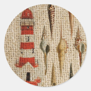 Sticker Rond shabby chic burlap littorale seashell lighthouse
