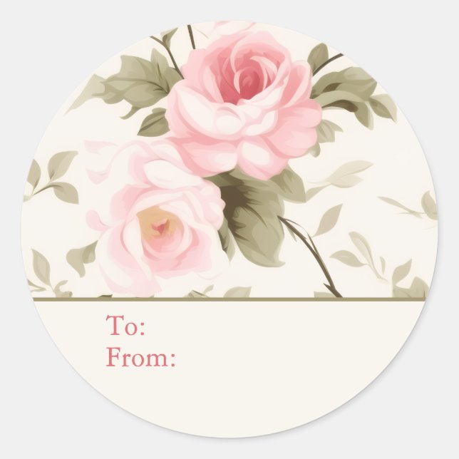 Sticker Rond Shabby Chic Pink Roses Personalized To and From (Devant)