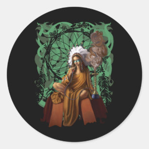 Sticker Rond Shaman féminin avec la tête Dream Catcher
