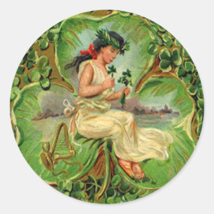 Sticker Rond Shamrock vintage Maiden St Patrick's Day Card